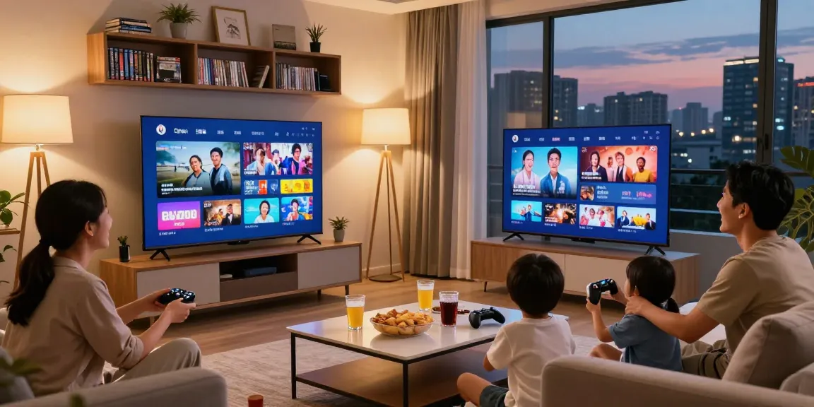 Family enjoying IPTV streaming together as the best Cable TV alternatives in a cozy living room.