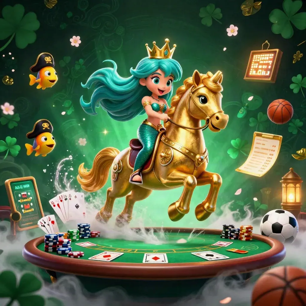 Mermaid princess on armored seahorse amid poker chips, cards, fish, and glowing casino magic
