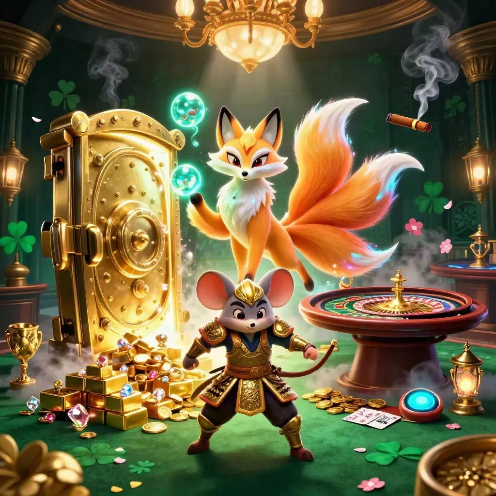 Nine-tailed fox spirit and samurai mouse amid a glowing vault, gold, gems, and casino lights.