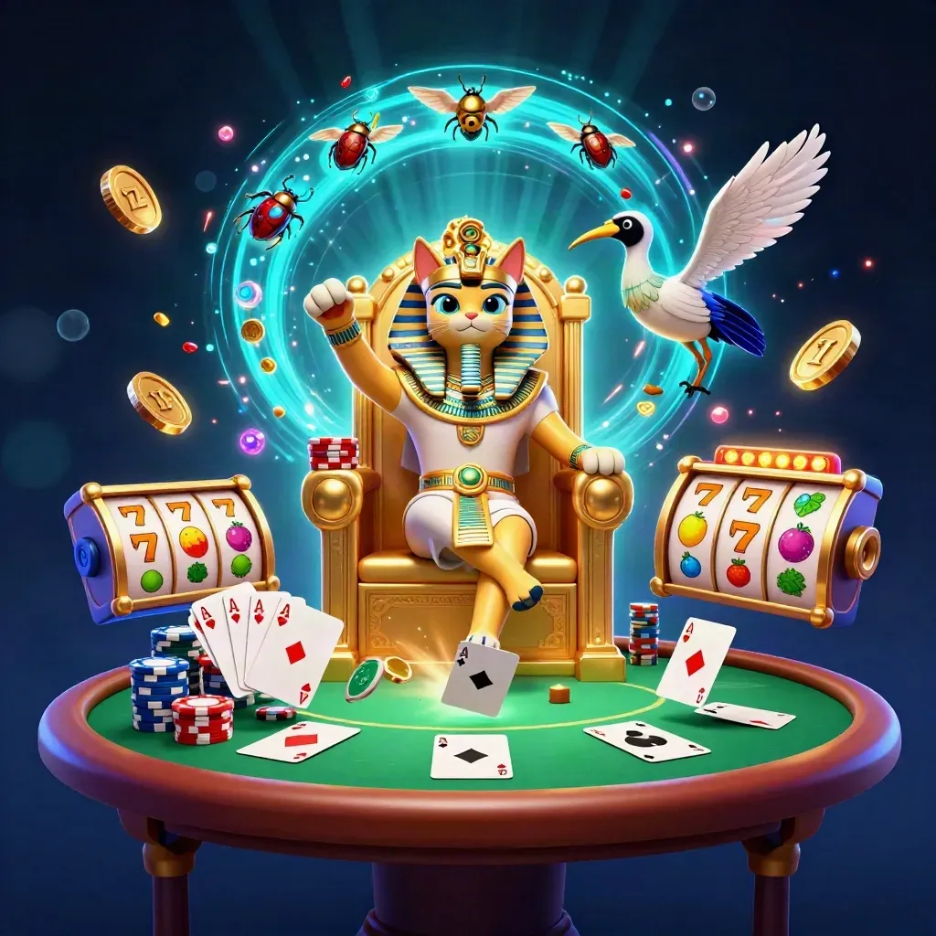Pharaoh cat, ibis scribe, and gem-winged scarabs amid casino cards, chips, and glowing reels.