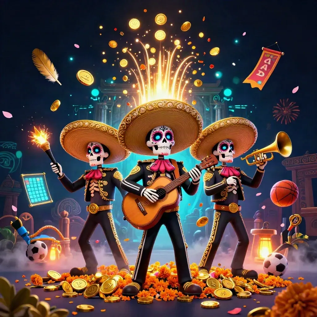 Skeleton mariachi trio amid gold coins, fireworks, temple gate, sports balls, and casino glow.