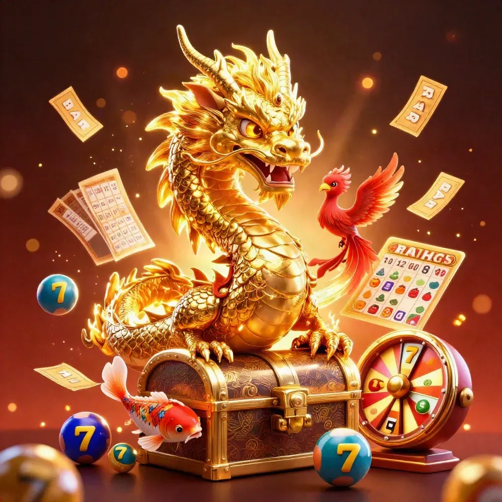 Golden dragon, phoenix, and koi amid casino rewards on a fiery dark background.