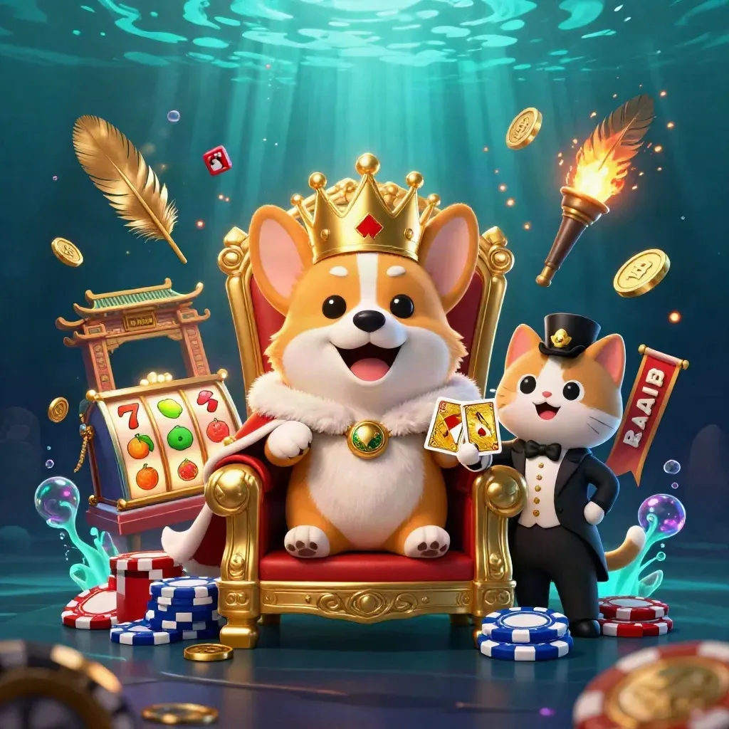 Royal corgi king and cat butler amid glowing chips, reels, coins, and underwater casino light